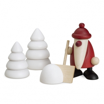 Miniatur-Set 4, Weihnachtsmann mit Schneeschippe und 2 Winterbäumen